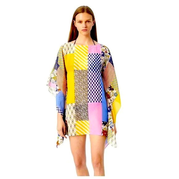 Tory Burch Floral Patchwork Short Caftan/Kaftan Cover-Up Cotton/Silk Beach M/L - Picture 1 of 10
